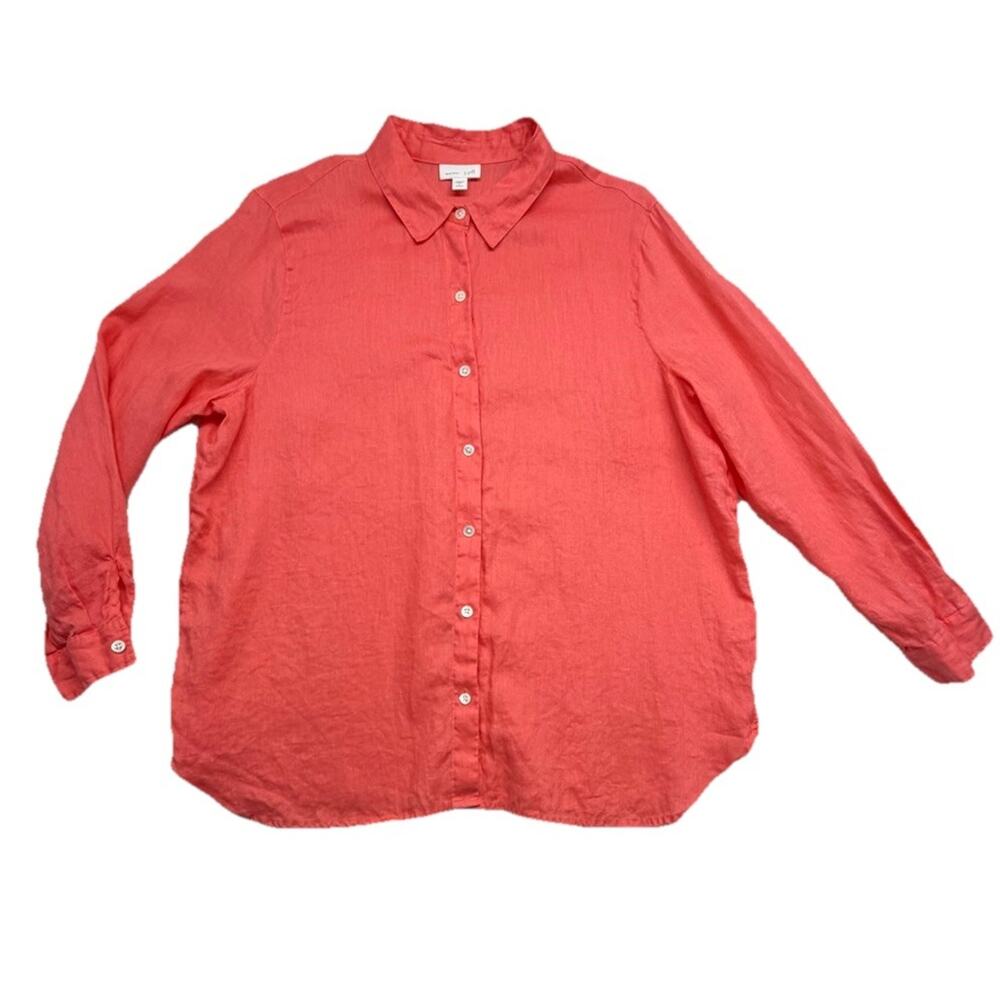 J Jill Love Linen Shirt Womens Large Petite Light Orange Long Sleeve Button Up